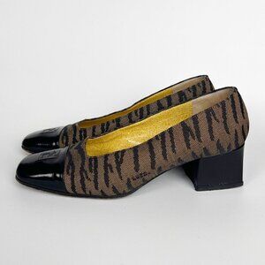 Vintage Fendi 90s Logo Leather Pumps Short Block Chunky Heel 1990s Designer 90's